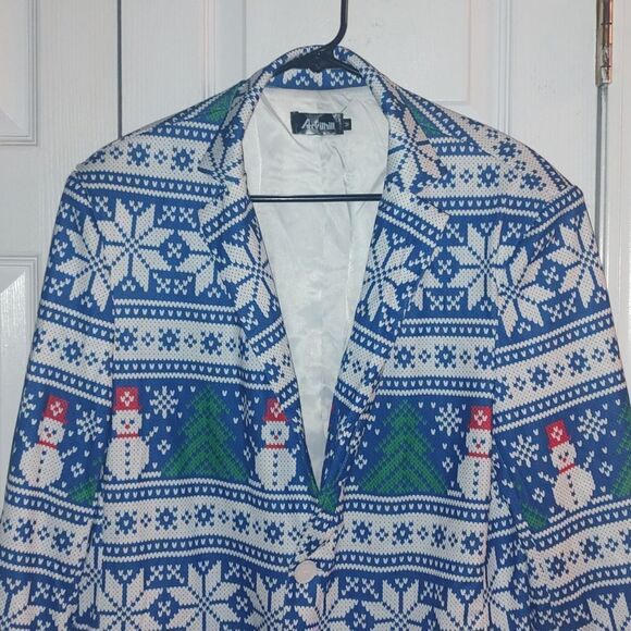 Arvihill blue white snowflake snowman crazy christmas party blazer Sz M NWOT - Picture 3 of 6